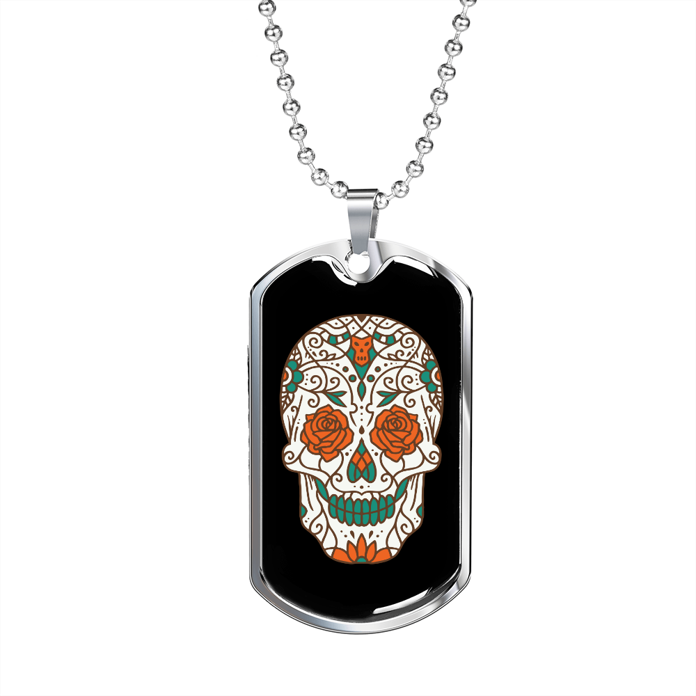 Calavera Mexican Rose Eyes Sugar Skull Necklace Stainless Steel or 18k Gold Dog Tag 24" Chain-Express Your Love Gifts