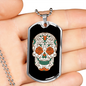 Calavera Mexican Rose Eyes Sugar Skull Necklace Stainless Steel or 18k Gold Dog Tag 24" Chain-Express Your Love Gifts