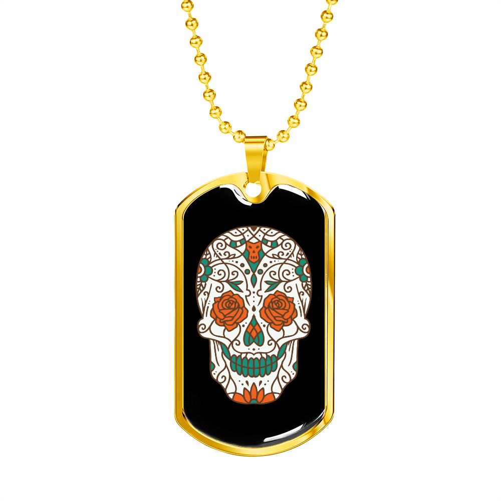 Calavera Mexican Rose Eyes Sugar Skull Necklace Stainless Steel or 18k Gold Dog Tag 24" Chain-Express Your Love Gifts