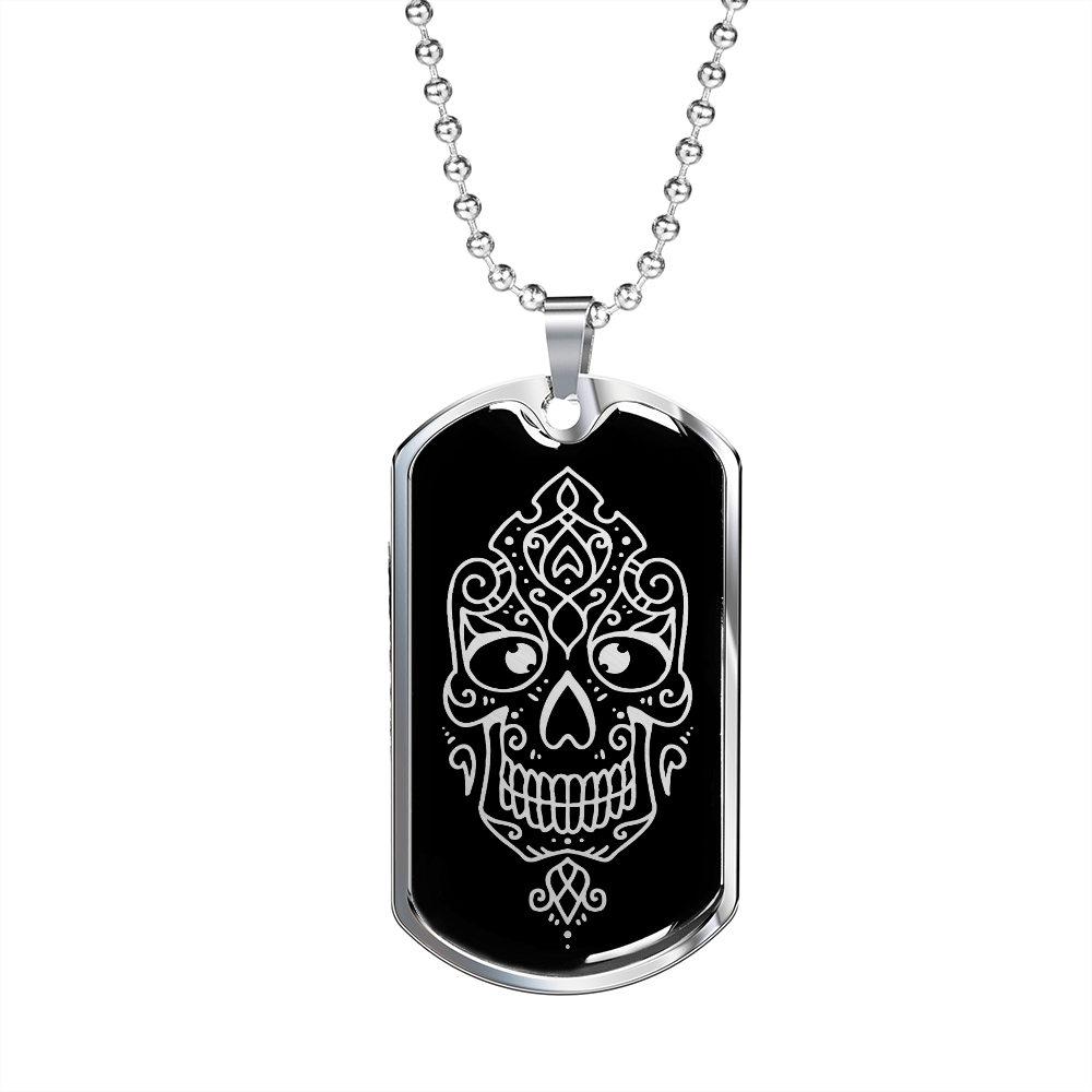 Calavera Mexican Skull 100 Necklace Stainless Steel or 18k Gold Dog Tag 24" Chain-Express Your Love Gifts