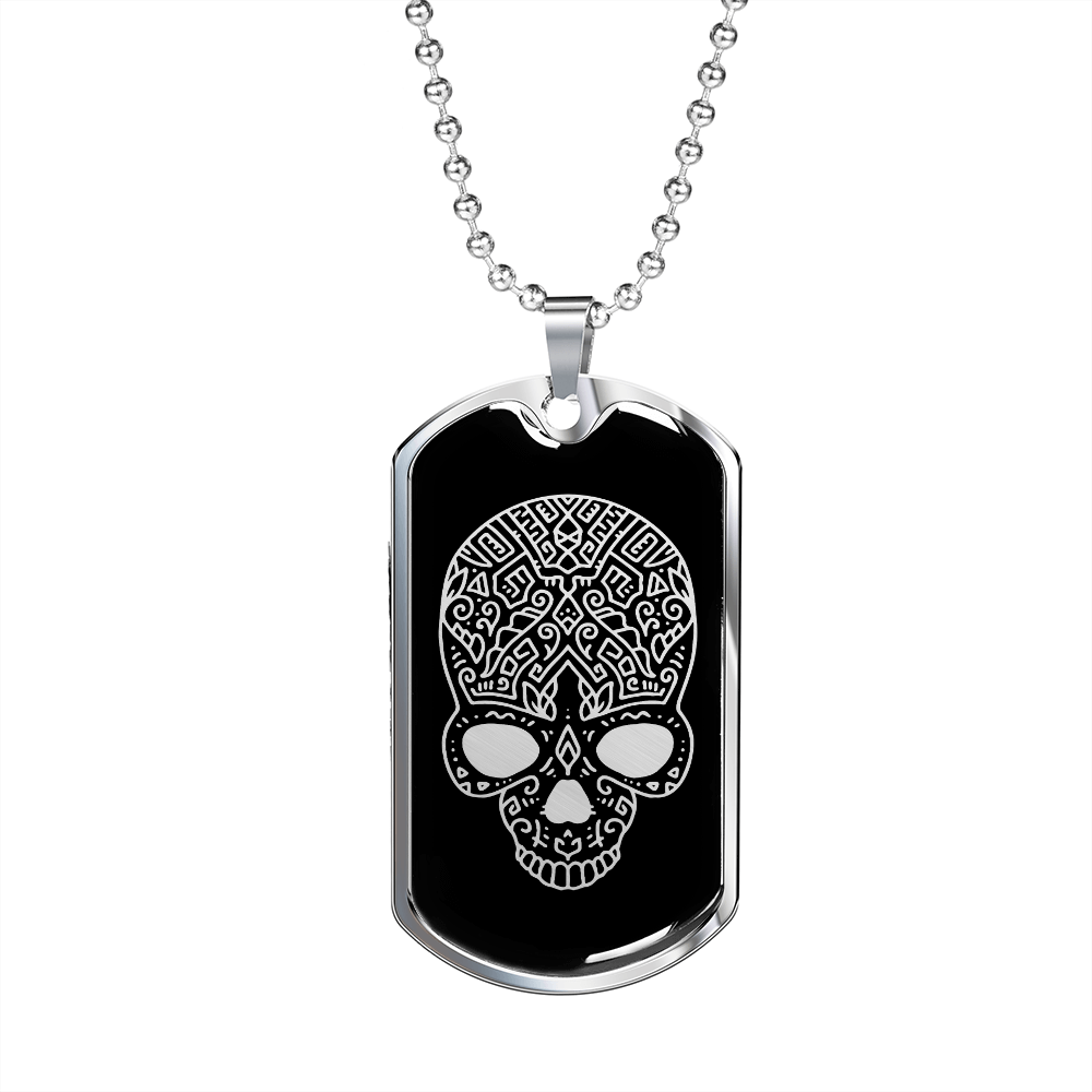 Calavera Mexican Skull 62 Necklace Stainless Steel or 18k Gold Dog Tag 24" Chain-Express Your Love Gifts