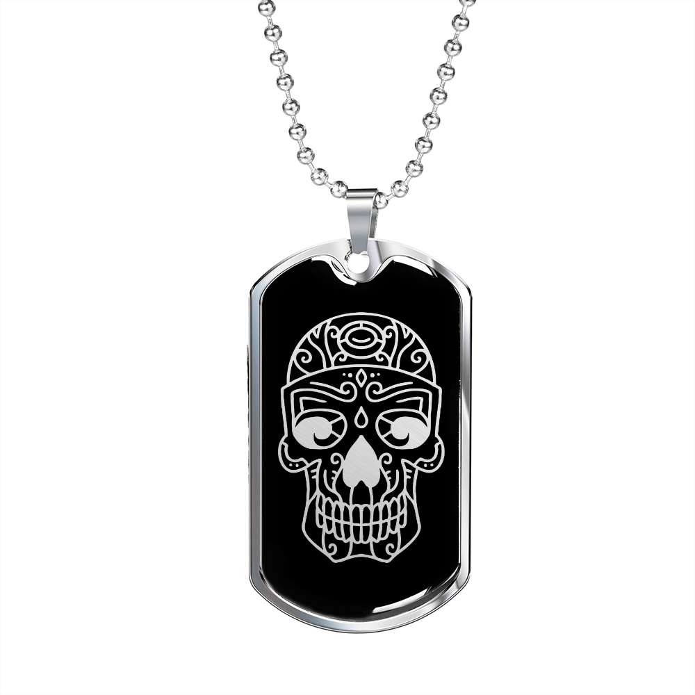 Calavera Mexican Skull 97 Necklace Stainless Steel or 18k Gold Dog Tag 24" Chain-Express Your Love Gifts