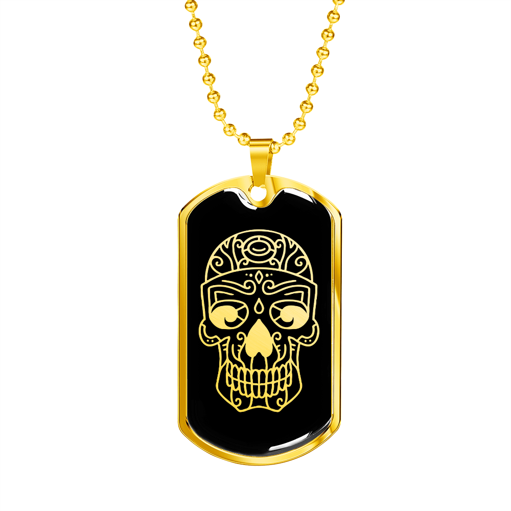 Calavera Mexican Skull 97 Necklace Stainless Steel or 18k Gold Dog Tag 24" Chain-Express Your Love Gifts
