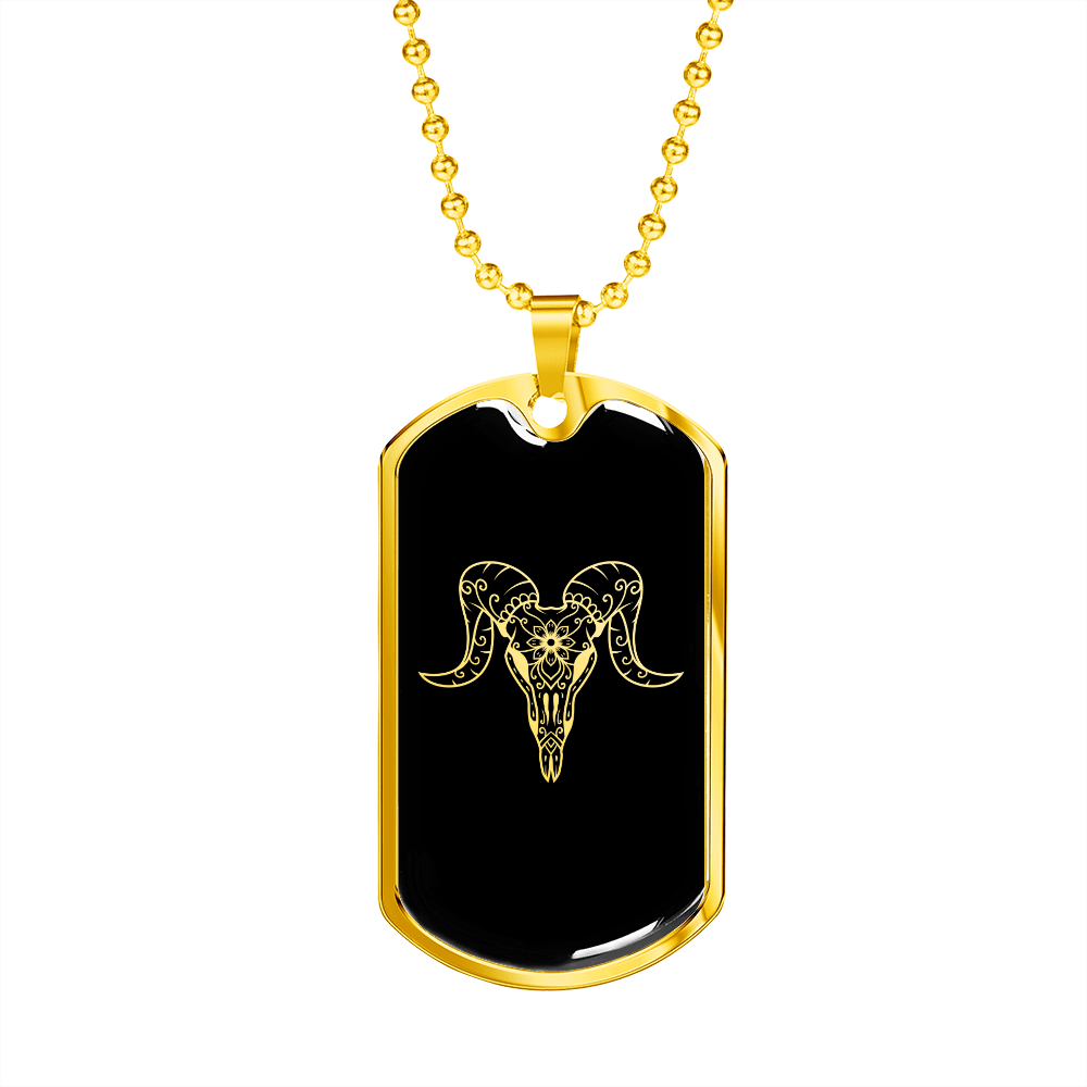 Calavera Mexican Skull Ram Necklace Stainless Steel or 18k Gold Dog Tag 24" Chain-Express Your Love Gifts