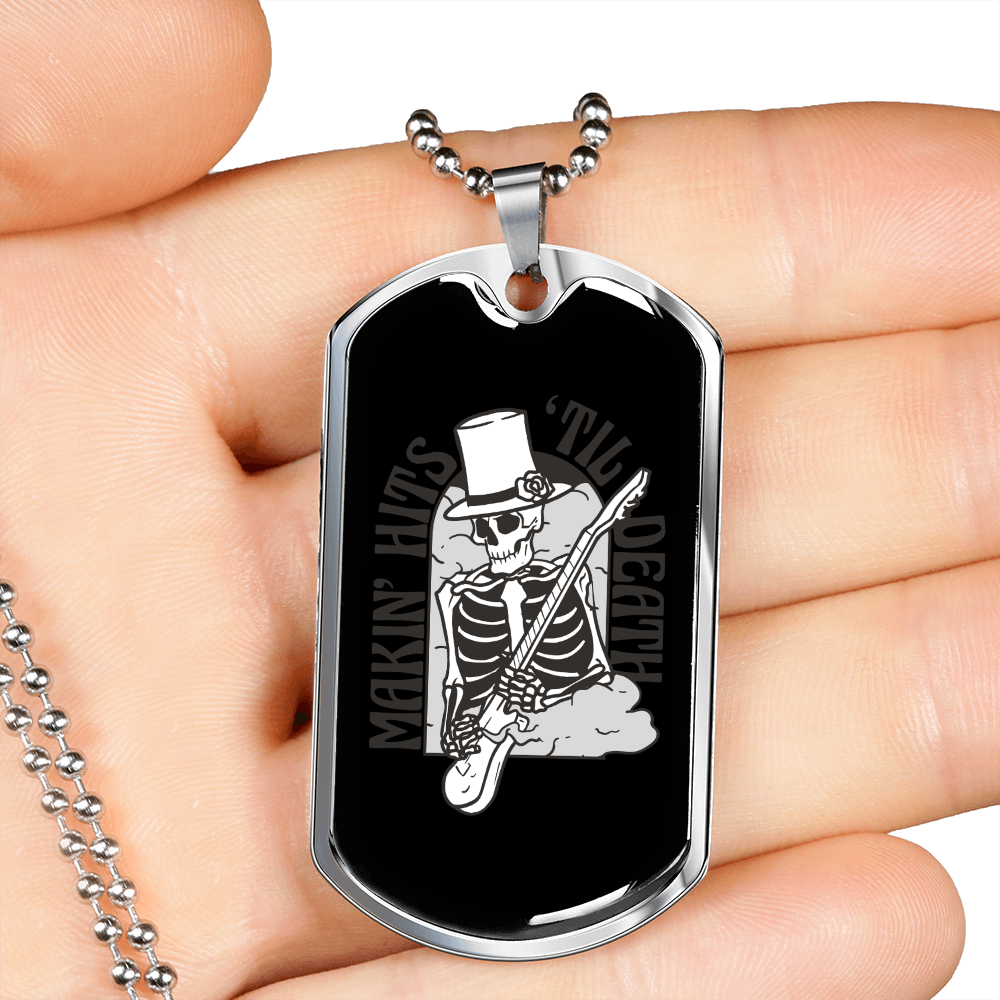 Calavera Mexican Skull Smoke Skeleton Guitar Necklace Stainless Steel or 18k Gold Dog Tag 24" Chain-Express Your Love Gifts