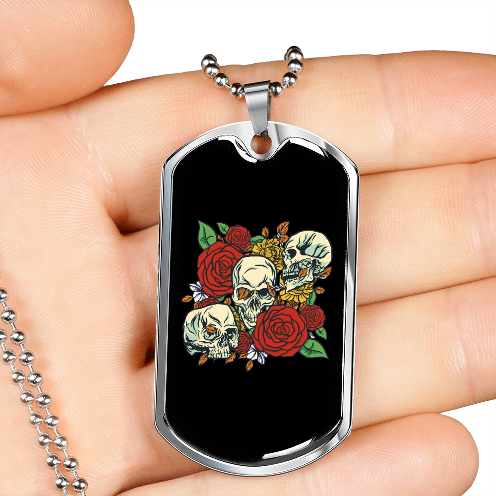 Calavera Mexican Skulls Necklace Stainless Steel or 18k Gold Dog Tag 24" Chain-Express Your Love Gifts