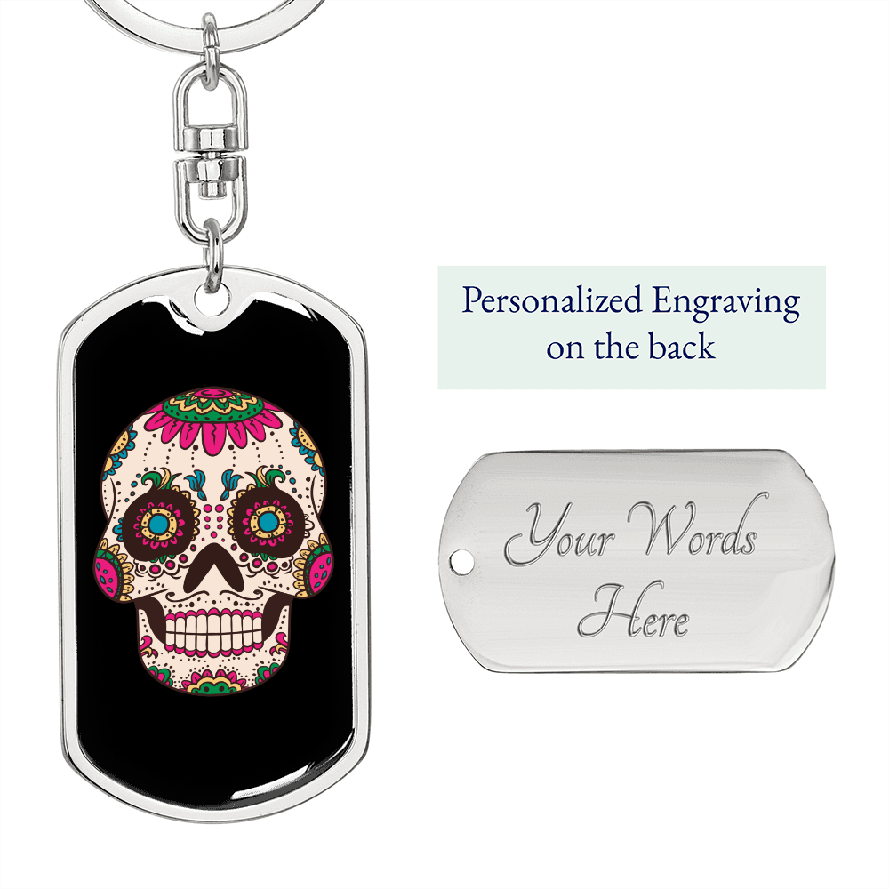 Calavera Mexican Smiling Sugar Skull Keychain Stainless Steel or 18k Gold Dog Tag Keyring-Express Your Love Gifts