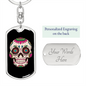 Calavera Mexican Smiling Sugar Skull Keychain Stainless Steel or 18k Gold Dog Tag Keyring-Express Your Love Gifts