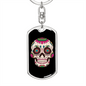 Calavera Mexican Smiling Sugar Skull Keychain Stainless Steel or 18k Gold Dog Tag Keyring-Express Your Love Gifts