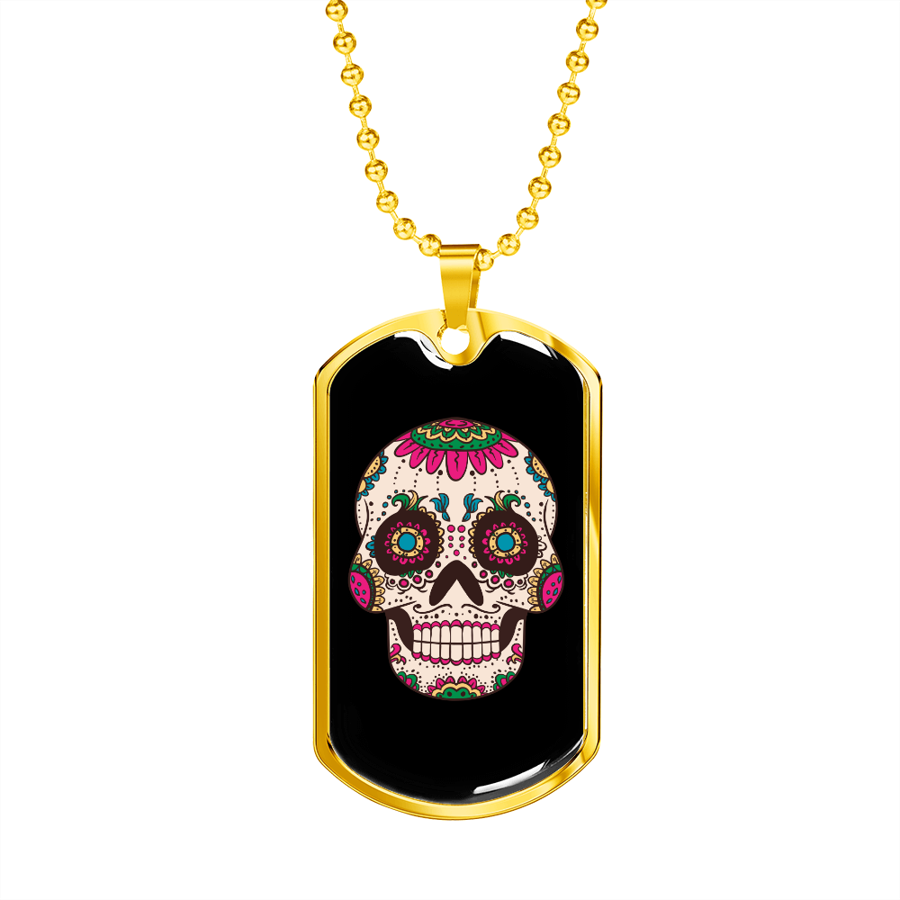 Calavera Mexican Smiling Sugar Skull Necklace Stainless Steel or 18k Gold Dog Tag 24" Chain-Express Your Love Gifts