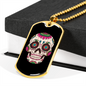 Calavera Mexican Smiling Sugar Skull Necklace Stainless Steel or 18k Gold Dog Tag 24" Chain-Express Your Love Gifts
