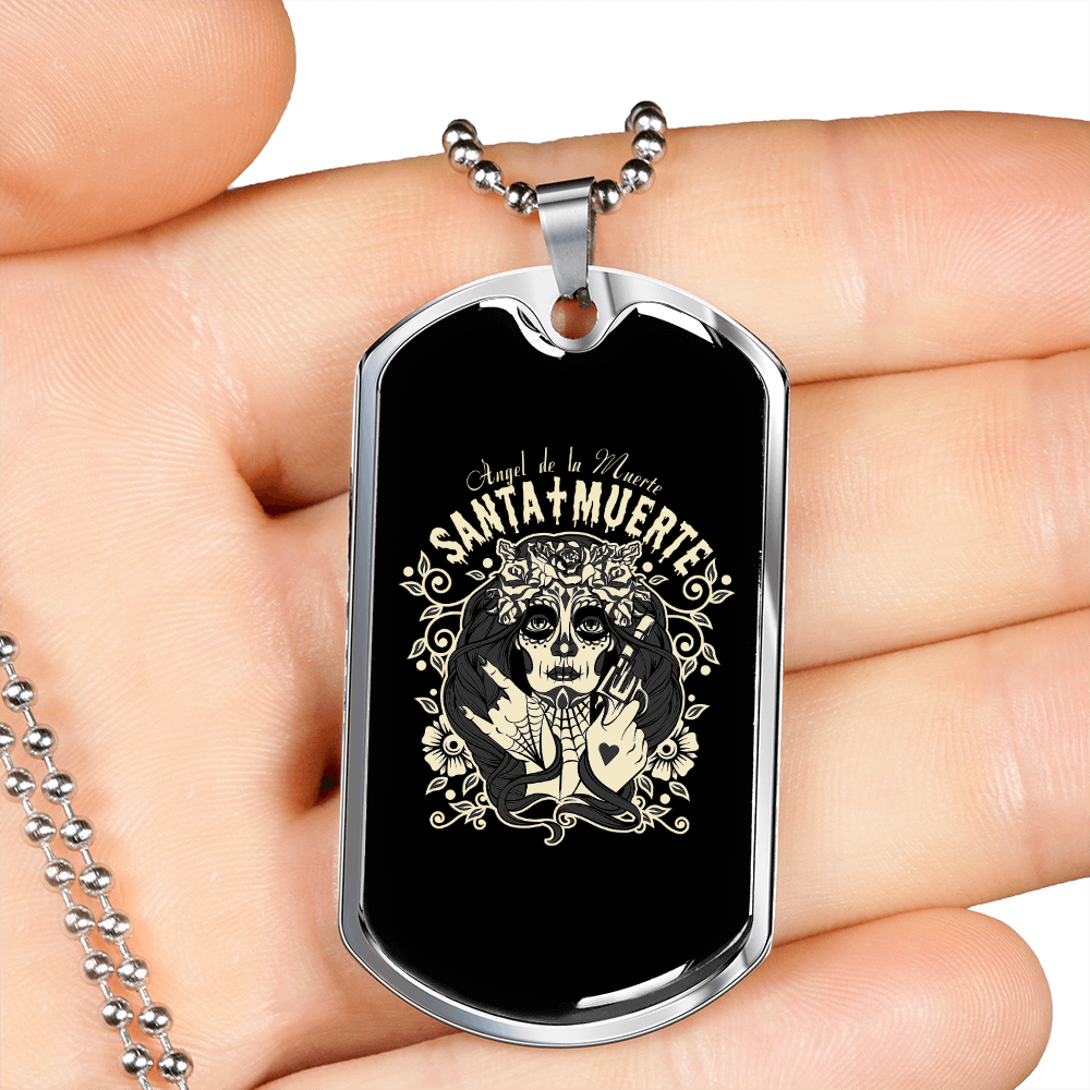 Calavera Mexican Sugar Angel Santa Muerte Necklace Stainless Steel or 18k Gold Dog Tag 24" Chain-Express Your Love Gifts