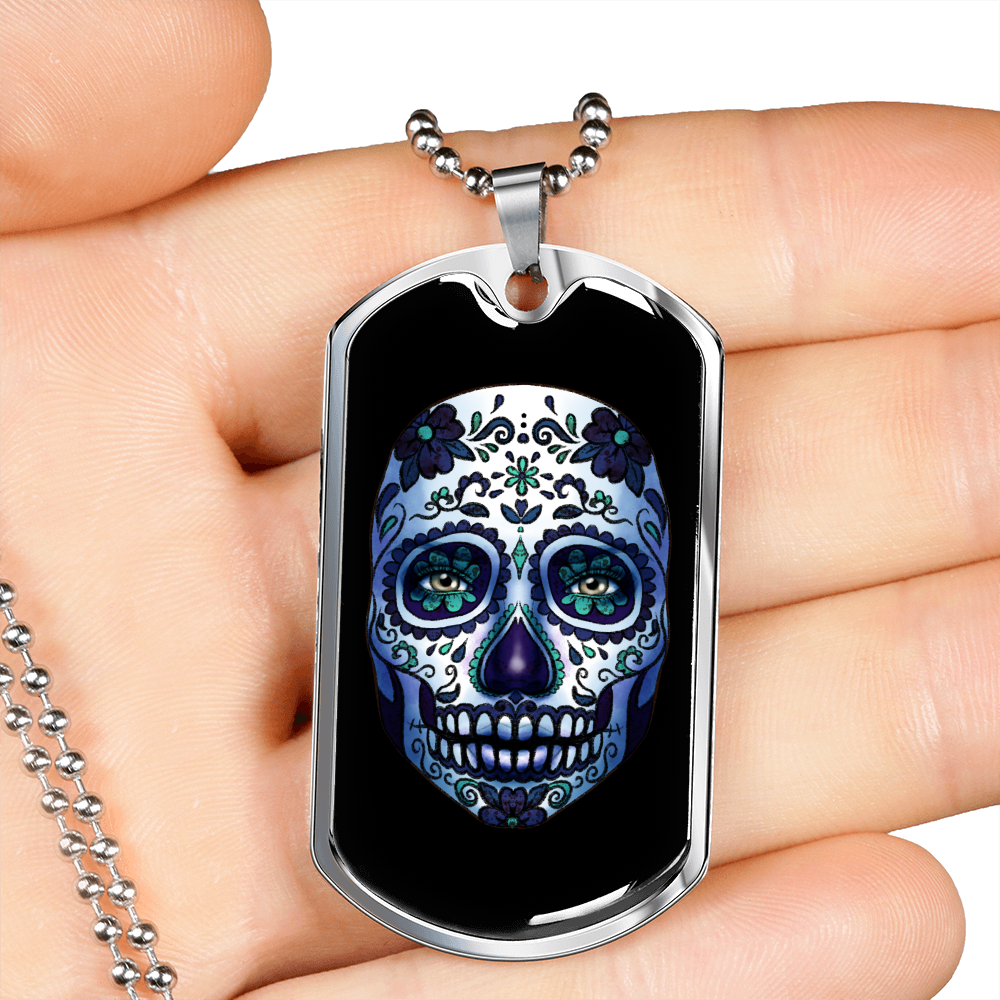 Calavera Mexican Sugar Blue Dark Violet Skull Necklace Stainless Steel or 18k Gold Dog Tag 24" Chain-Express Your Love Gifts