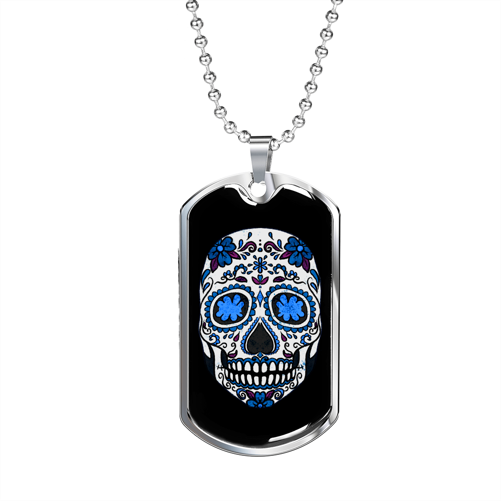 Calavera Mexican Sugar Blue Skull Necklace Stainless Steel or 18k Gold Dog Tag 24" Chain-Express Your Love Gifts