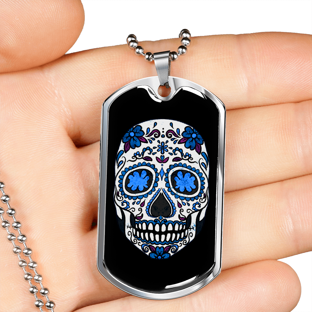 Calavera Mexican Sugar Blue Skull Necklace Stainless Steel or 18k Gold Dog Tag 24" Chain-Express Your Love Gifts