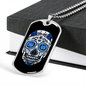 Calavera Mexican Sugar Blue Skull Necklace Stainless Steel or 18k Gold Dog Tag 24" Chain-Express Your Love Gifts