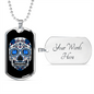 Calavera Mexican Sugar Blue Skull Necklace Stainless Steel or 18k Gold Dog Tag 24" Chain-Express Your Love Gifts