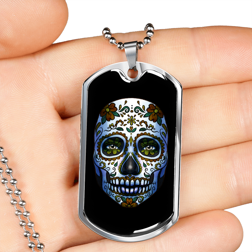 Calavera Mexican Sugar Blueish Skull Necklace Stainless Steel or 18k Gold Dog Tag 24" Chain-Express Your Love Gifts