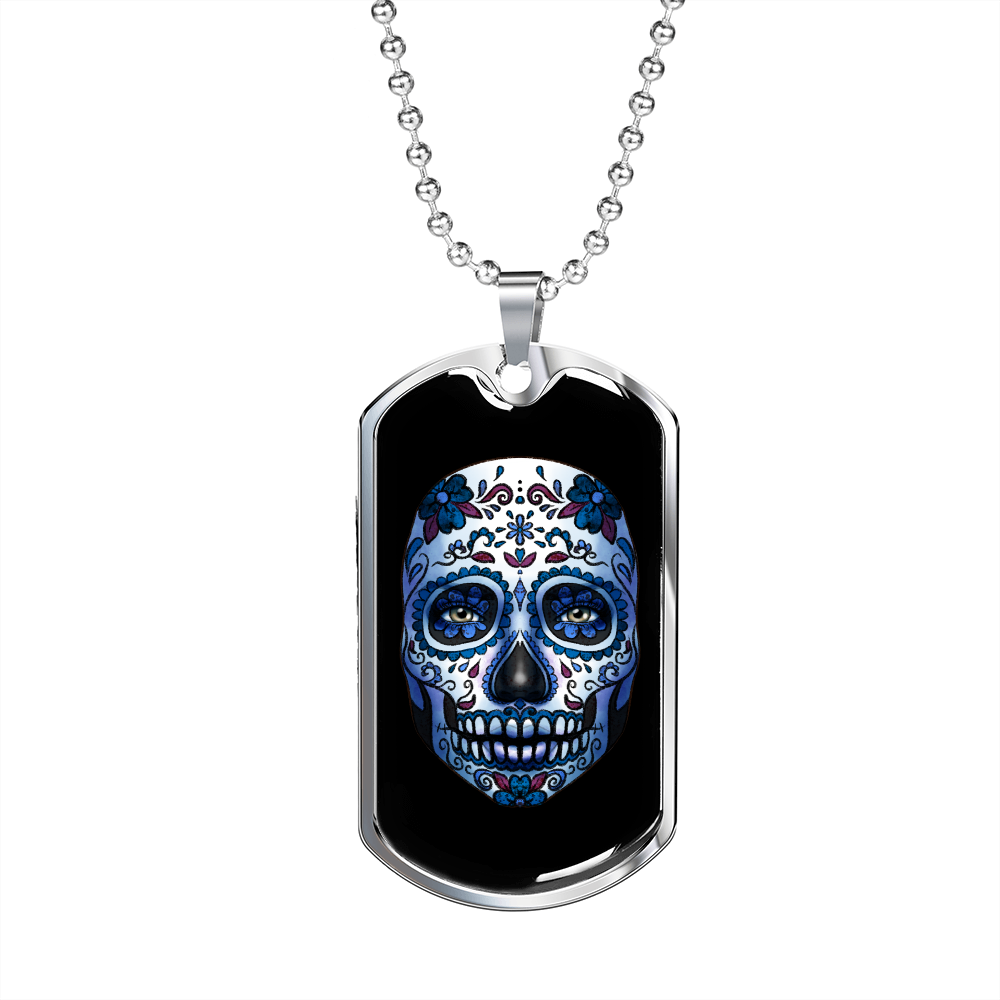 Calavera Mexican Sugar Blueish Skulll Blue Flower Necklace Stainless Steel or 18k Gold Dog Tag 24" Chain-Express Your Love Gifts