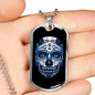 Calavera Mexican Sugar Blueish Skulll Blue Flower Necklace Stainless Steel or 18k Gold Dog Tag 24" Chain-Express Your Love Gifts