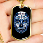 Calavera Mexican Sugar Blueish Skulll Blue Flower Necklace Stainless Steel or 18k Gold Dog Tag 24" Chain-Express Your Love Gifts