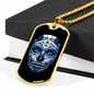 Calavera Mexican Sugar Blueish Skulll Blue Flower Necklace Stainless Steel or 18k Gold Dog Tag 24" Chain-Express Your Love Gifts