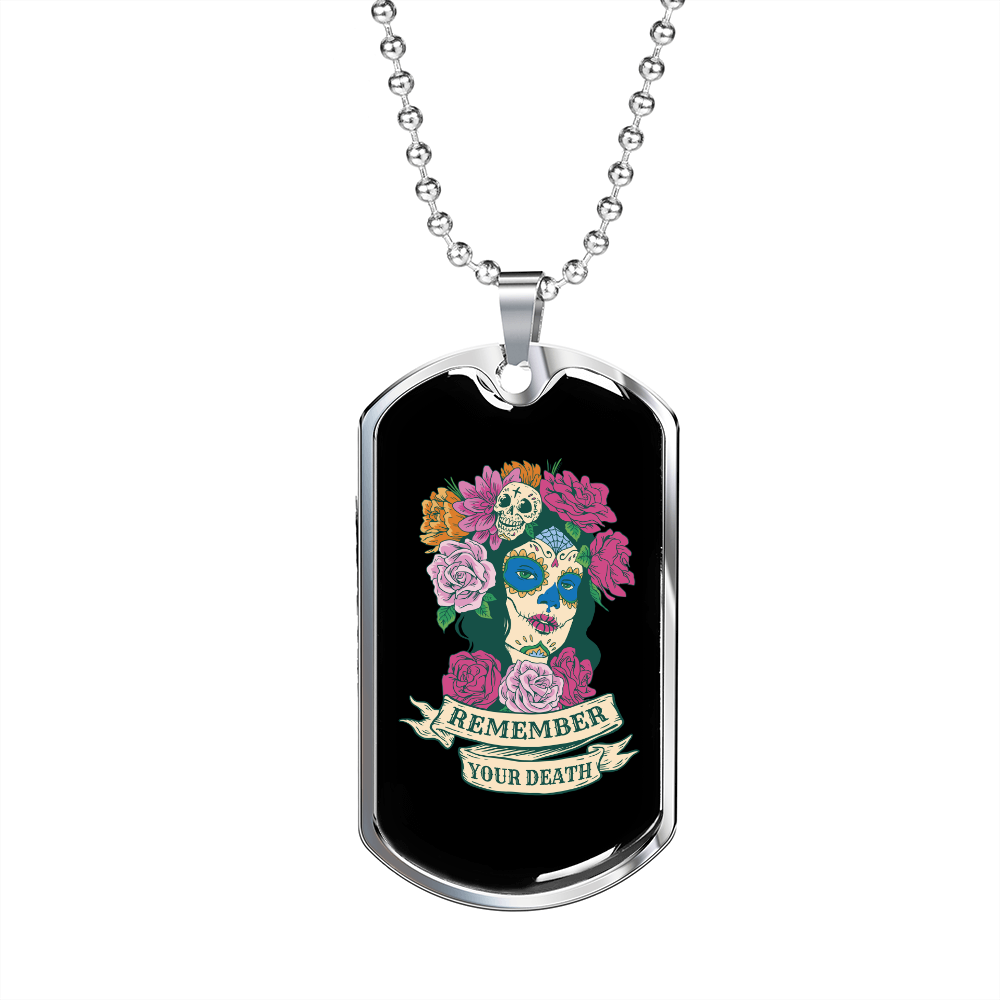 Calavera Mexican Sugar Day of the Dead Floral Necklace Stainless Steel or 18k Gold Dog Tag 24" Chai-Express Your Love Gifts