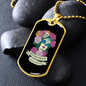 Calavera Mexican Sugar Day of the Dead Floral Necklace Stainless Steel or 18k Gold Dog Tag 24" Chai-Express Your Love Gifts