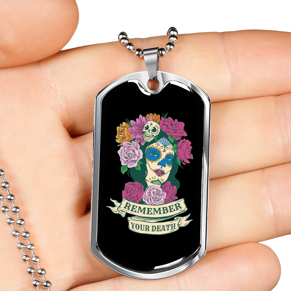 Calavera Mexican Sugar Day of the Dead Floral Necklace Stainless Steel or 18k Gold Dog Tag 24" Chai-Express Your Love Gifts