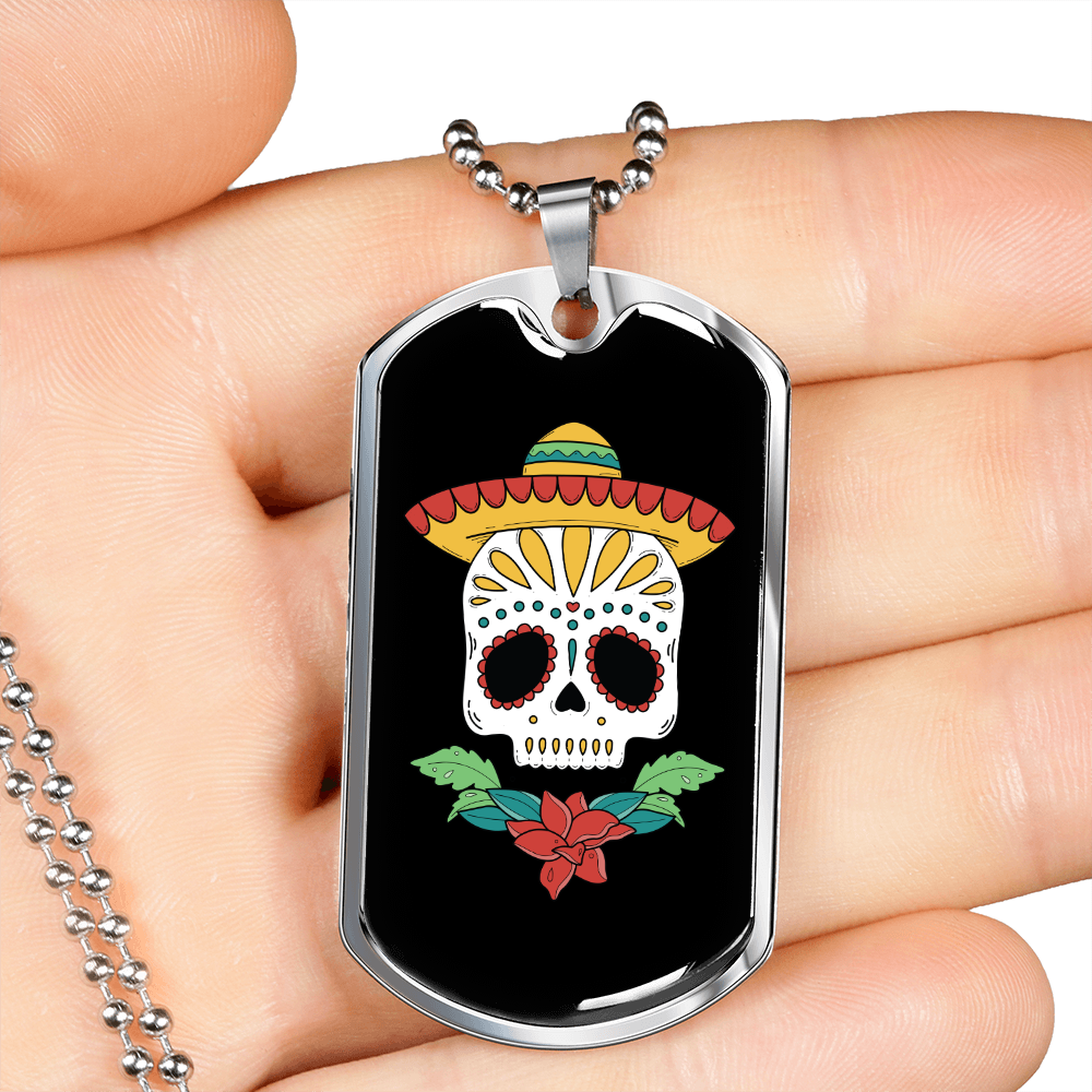Calavera Mexican Sugar Day of The Dead Hat Necklace Stainless Steel or 18k Gold Dog Tag 24" Chain-Express Your Love Gifts