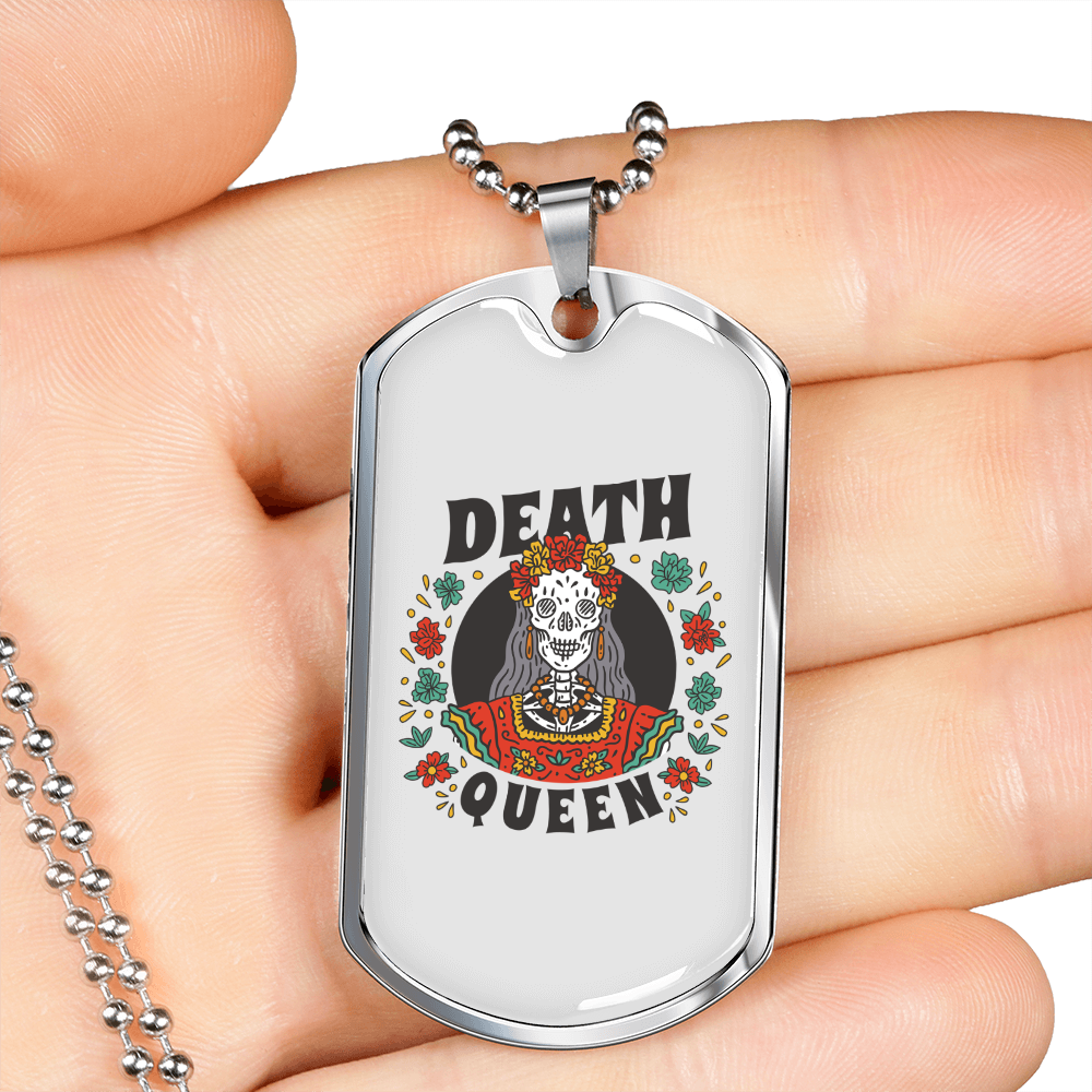 Calavera Mexican Sugar Death Queen Necklace Stainless Steel or 18k Gold Dog Tag 24" Chain-Express Your Love Gifts