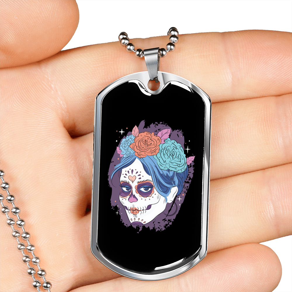 Calavera Mexican Sugar Dia De Los Muertos Necklace Stainless Steel or 18k Gold Dog Tag 24" Chain-Express Your Love Gifts