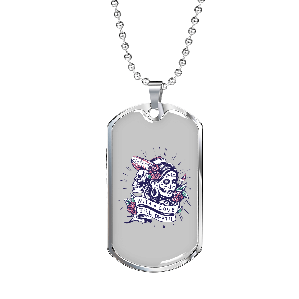 Calavera Mexican Sugar Dia de Los Muertos Purple Necklace Stainless Steel or 18k Gold Dog Tag 24" Chain-Express Your Love Gifts