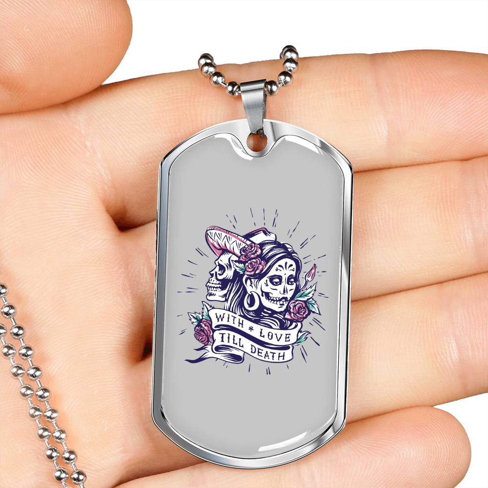 Calavera Mexican Sugar Dia de Los Muertos Purple Necklace Stainless Steel or 18k Gold Dog Tag 24" Chain-Express Your Love Gifts