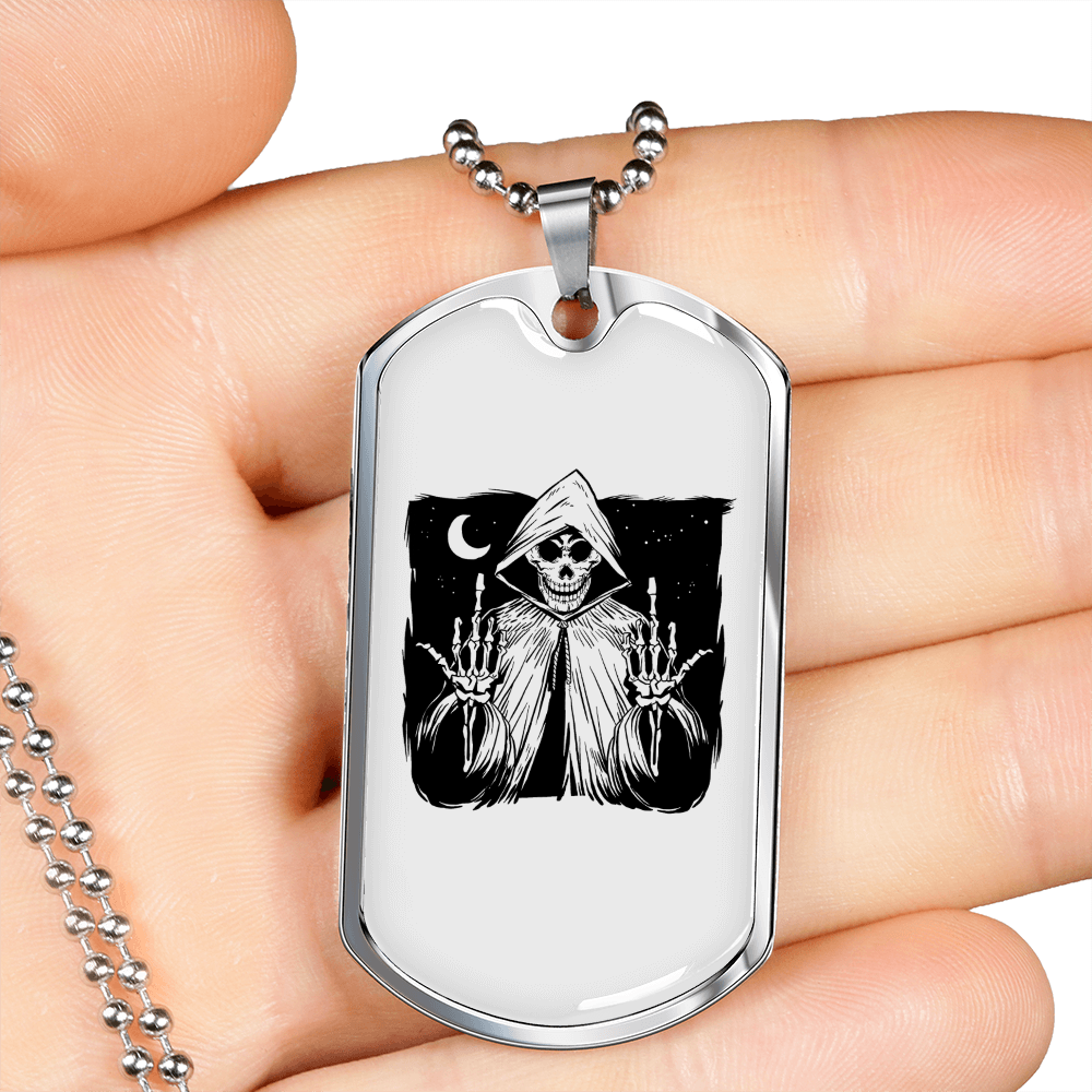 Calavera Mexican Sugar Grim Finger Necklace Stainless Steel or 18k Gold Dog Tag 24" Chain-Express Your Love Gifts