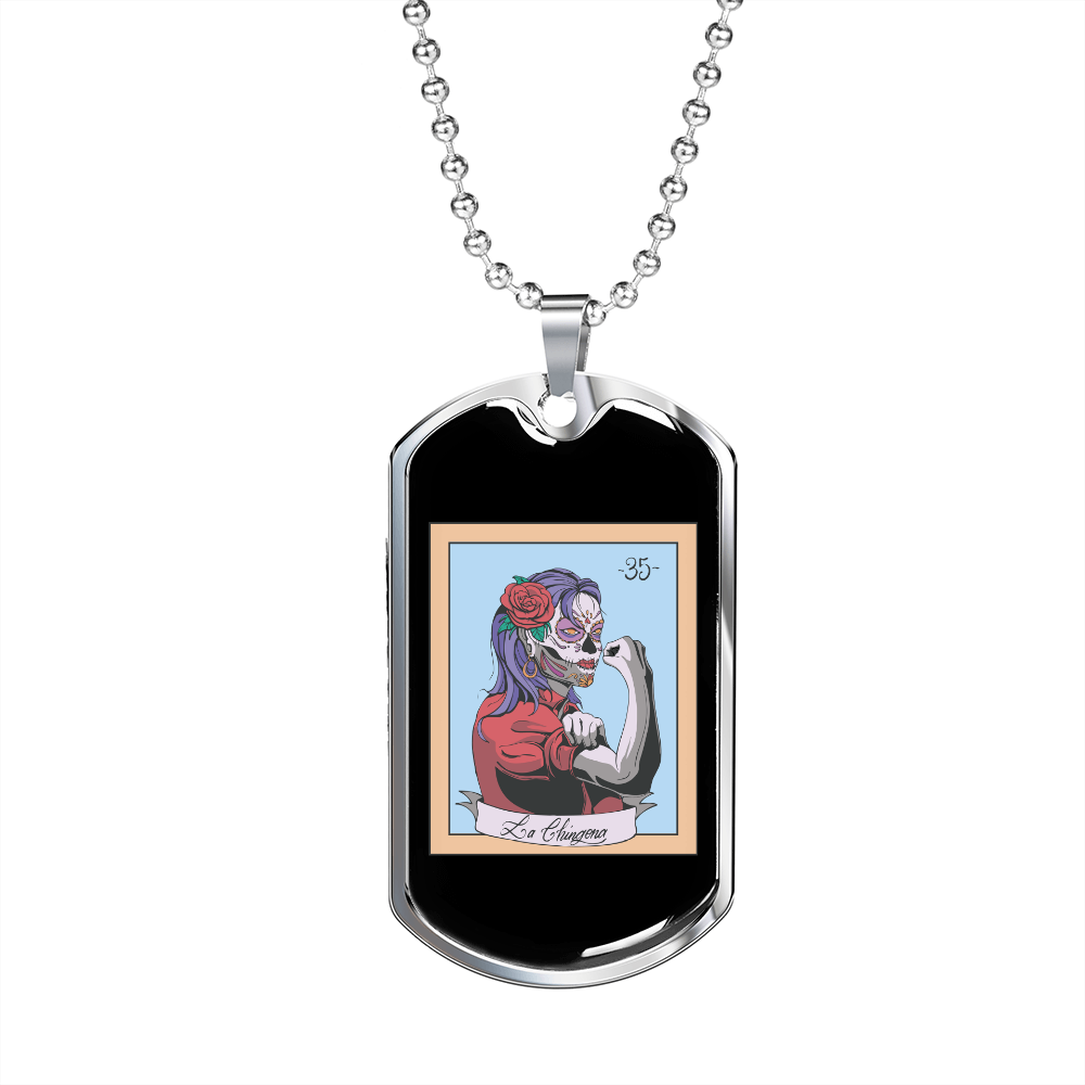 Calavera Mexican Sugar LaChingona Necklace Stainless Steel or 18k Gold Dog Tag 24" Chain-Express Your Love Gifts