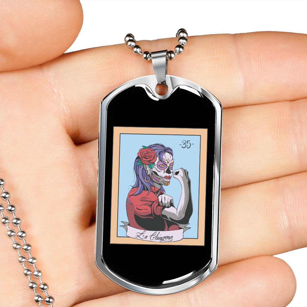 Calavera Mexican Sugar LaChingona Necklace Stainless Steel or 18k Gold Dog Tag 24" Chain-Express Your Love Gifts