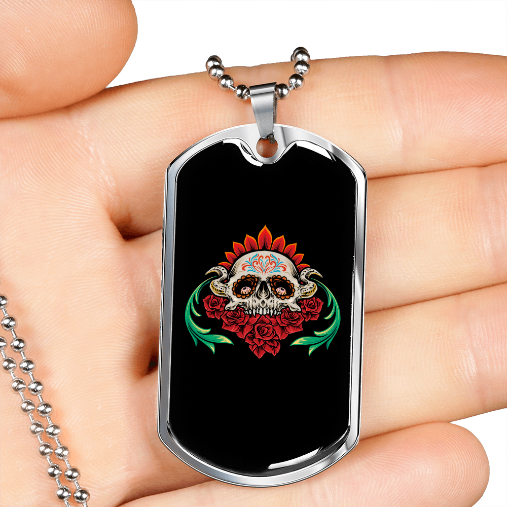 Calavera Mexican Sugar Muertos with Flowers Necklace Stainless Steel or 18k Gold Dog Tag 24" Chain-Express Your Love Gifts
