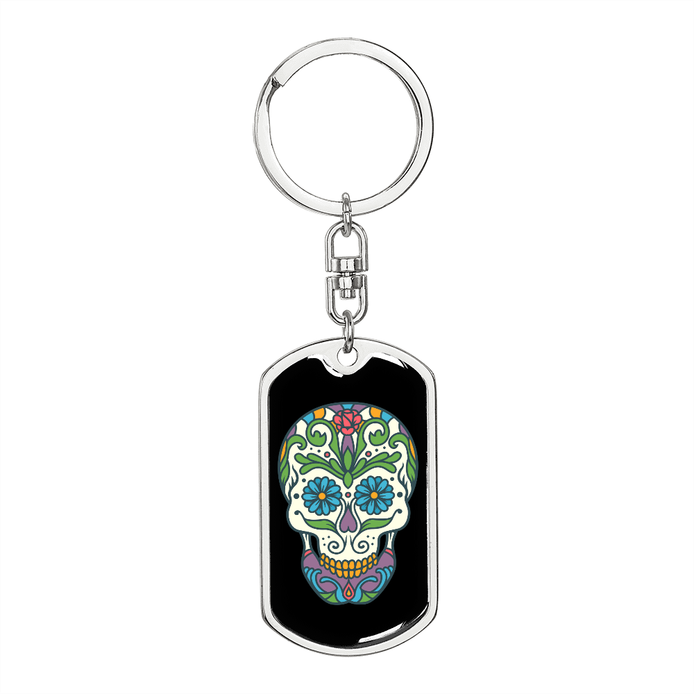 Calavera Mexican Sugar Skull 1 Color Keychain Stainless Steel or 18k Gold Dog Tag Keyring-Express Your Love Gifts