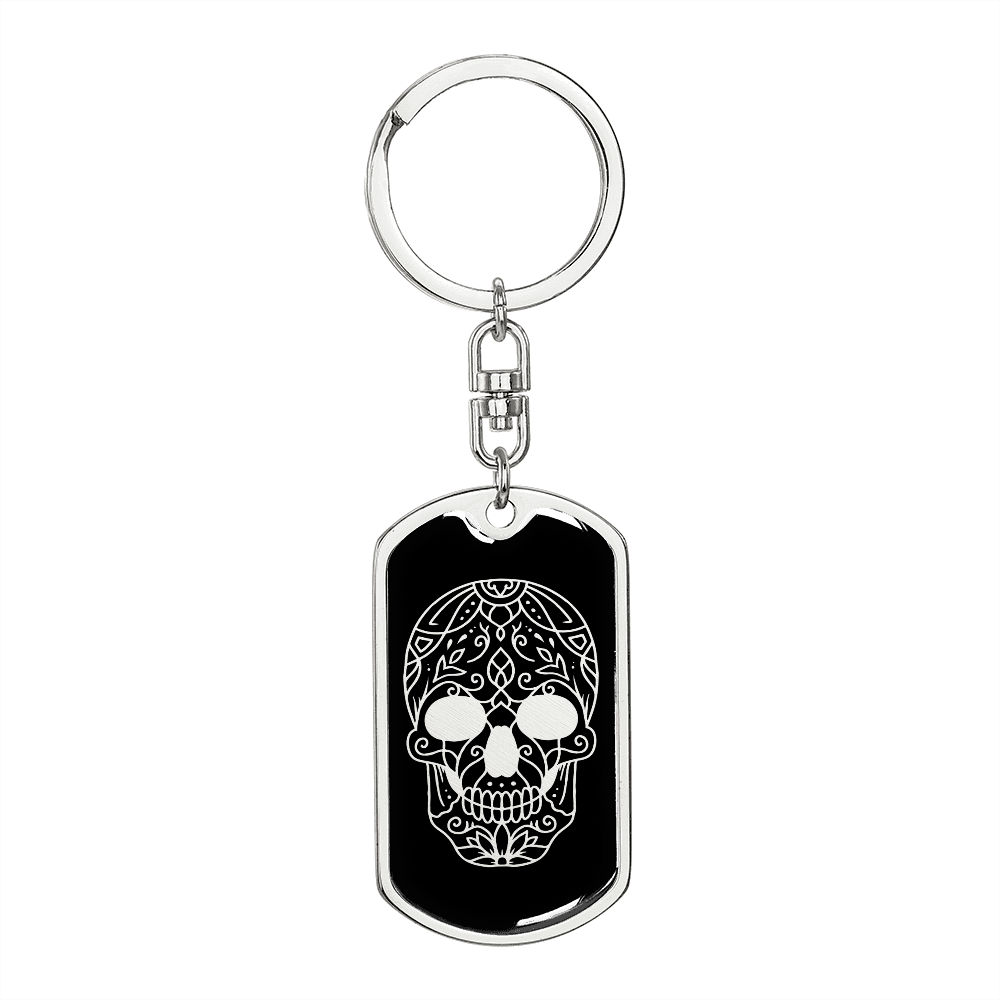 Calavera Mexican Sugar Skull 1 Keychain Stainless Steel or 18k Gold Dog Tag Keyring-Express Your Love Gifts