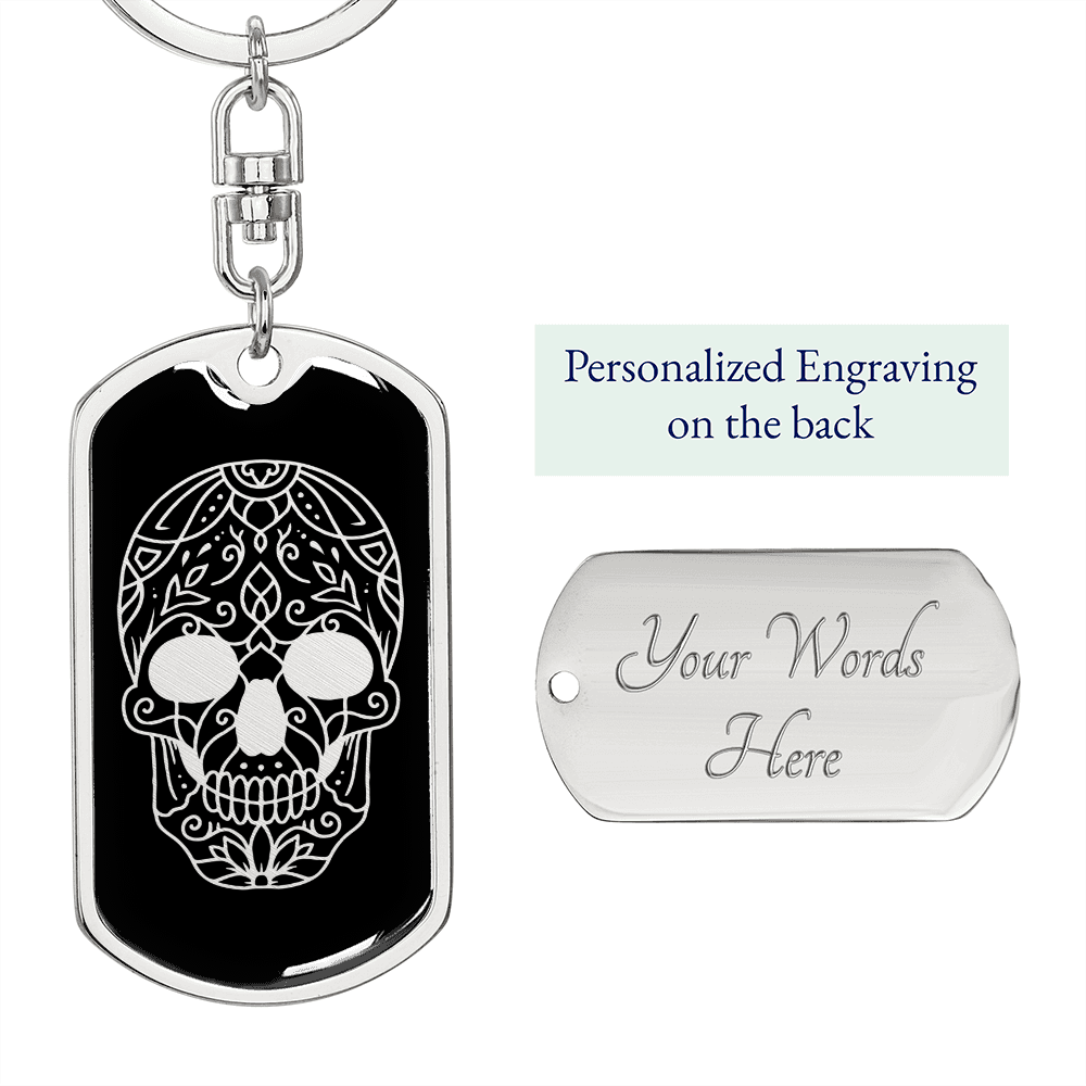 Calavera Mexican Sugar Skull 1 Keychain Stainless Steel or 18k Gold Dog Tag Keyring-Express Your Love Gifts
