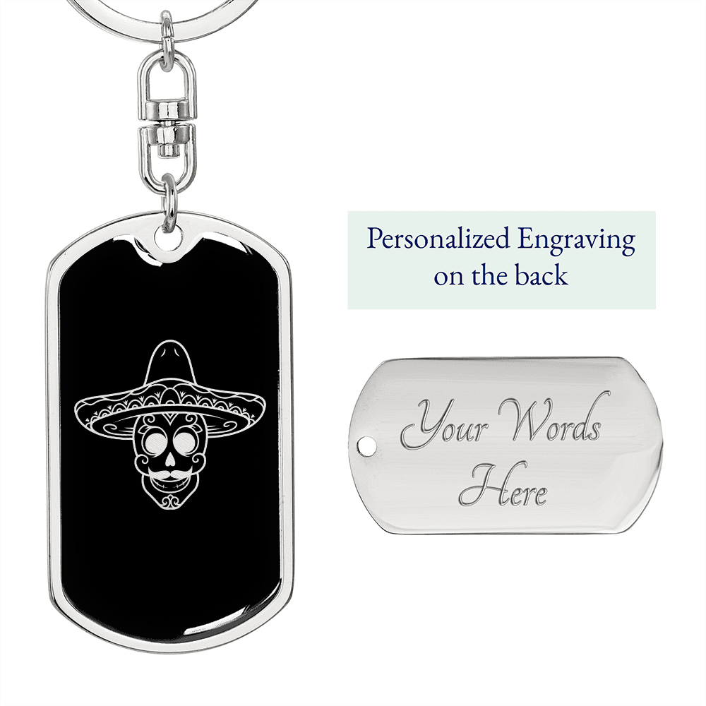 Calavera Mexican Sugar Skull 10 Keychain Stainless Steel or 18k Gold Dog Tag Keyring-Express Your Love Gifts
