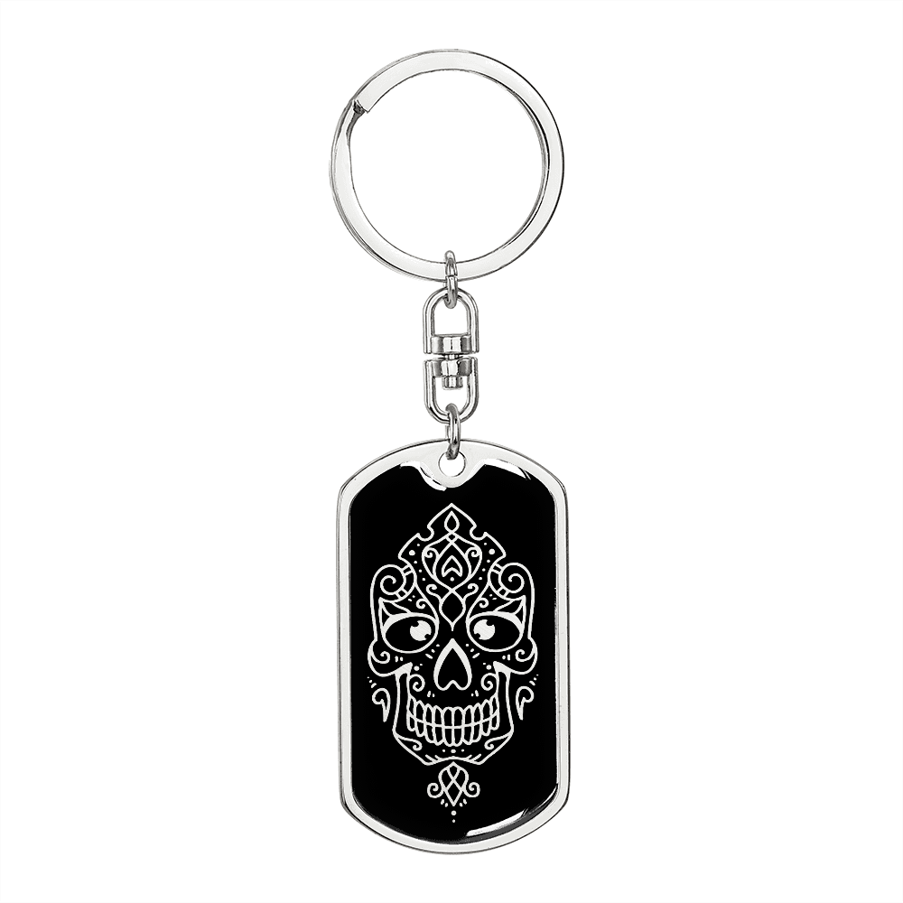 Calavera Mexican Sugar Skull 100 Keychain Stainless Steel or 18k Gold Dog Tag Keyring-Express Your Love Gifts