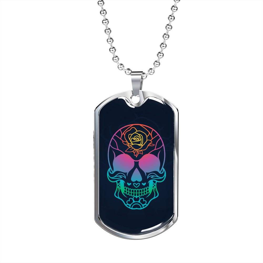 Calavera Mexican Sugar Skull 11 Blue Necklace Stainless Steel or 18k Gold Dog Tag 24" Chain-Express Your Love Gifts