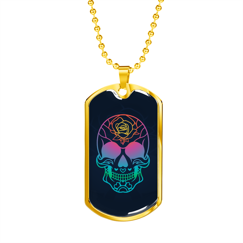 Calavera Mexican Sugar Skull 11 Blue Necklace Stainless Steel or 18k Gold Dog Tag 24" Chain-Express Your Love Gifts