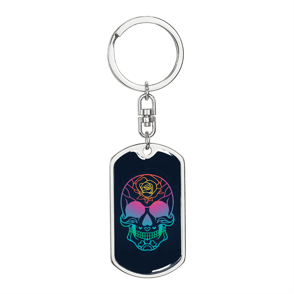Calavera Mexican Sugar Skull 11 Color Keychain Stainless Steel or 18k Gold Dog Tag Keyring-Express Your Love Gifts