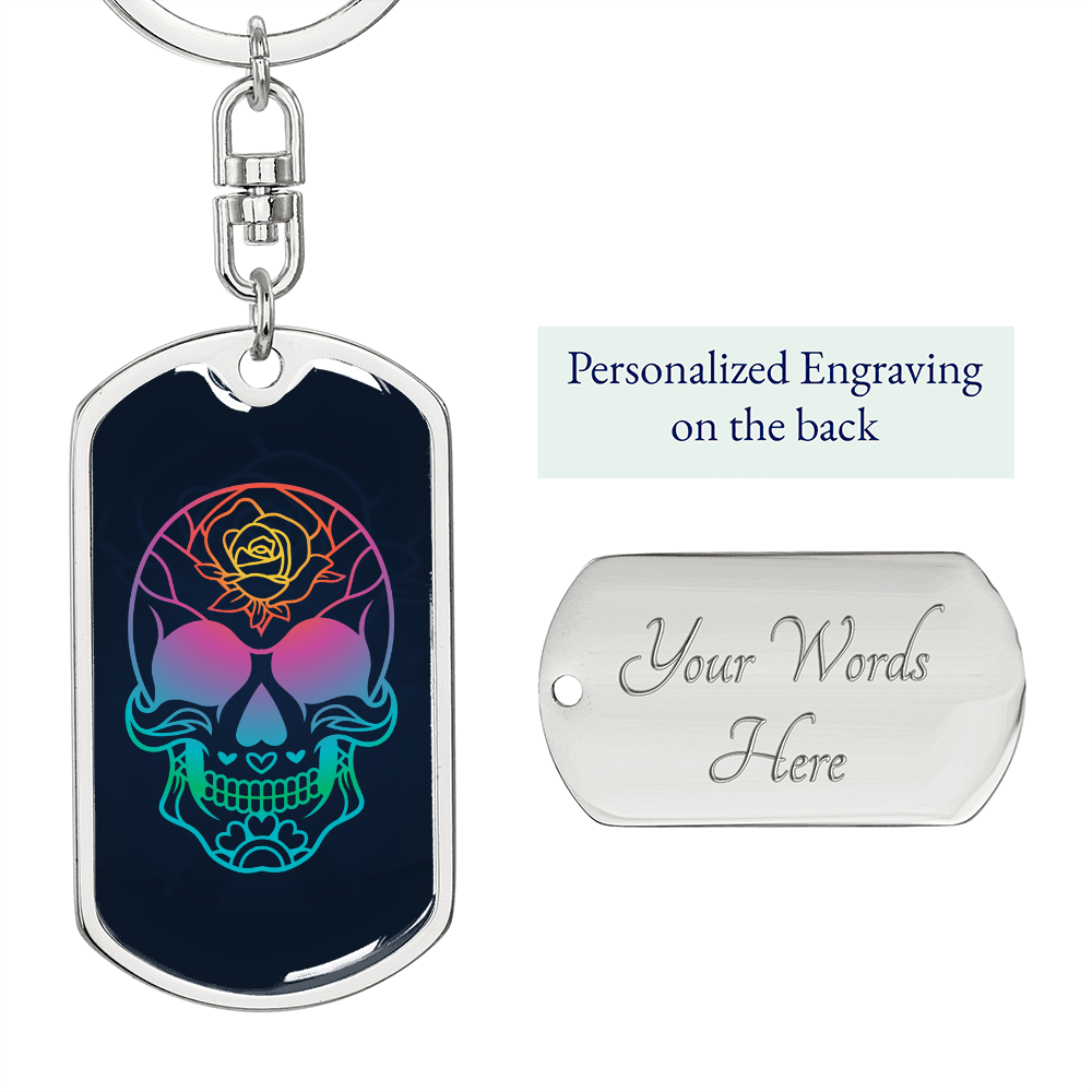 Calavera Mexican Sugar Skull 11 Color Keychain Stainless Steel or 18k Gold Dog Tag Keyring-Express Your Love Gifts