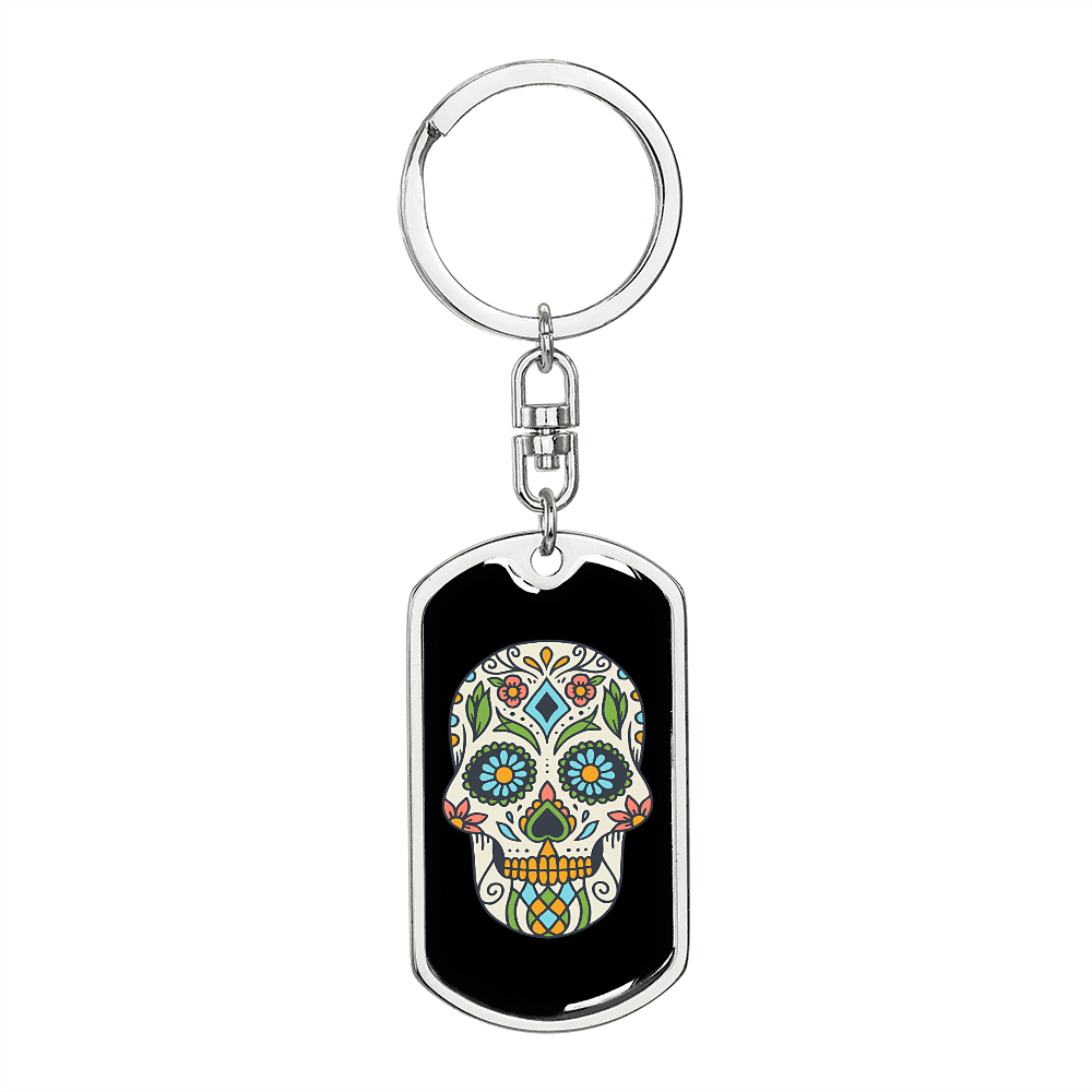 Calavera Mexican Sugar Skull 12 Colored Keychain Stainless Steel or 18k Gold Dog Tag Keyring-Express Your Love Gifts