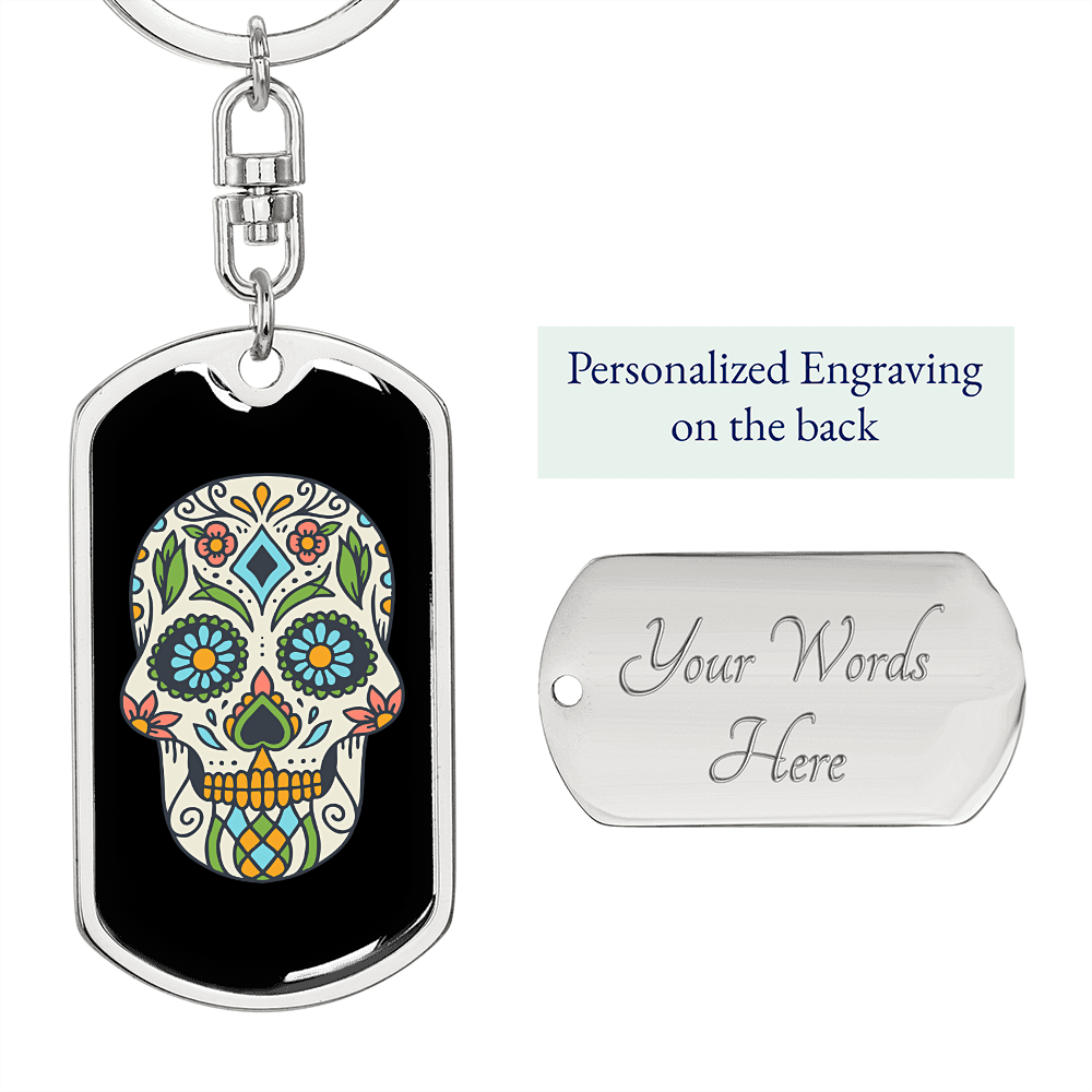 Calavera Mexican Sugar Skull 12 Colored Keychain Stainless Steel or 18k Gold Dog Tag Keyring-Express Your Love Gifts