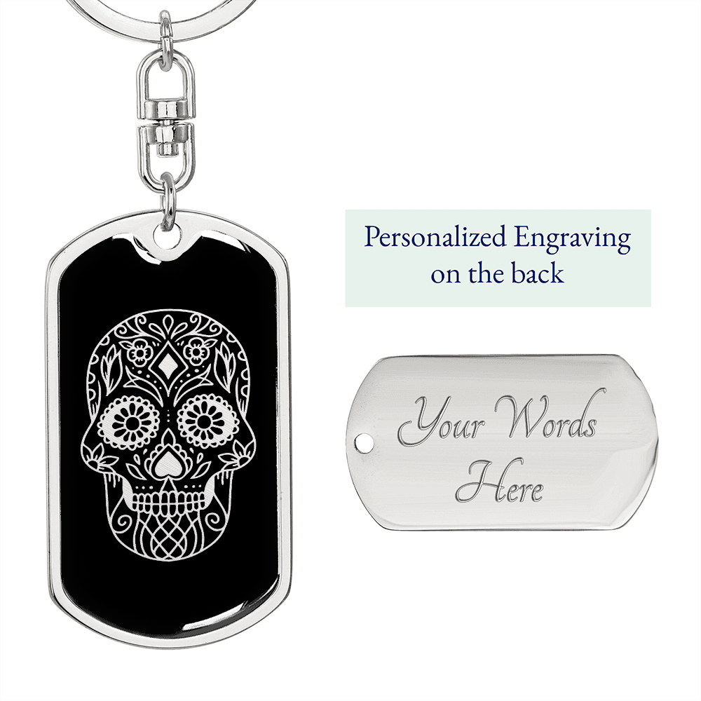 Calavera Mexican Sugar Skull 120 Keychain Stainless Steel or 18k Gold Dog Tag Keyring-Express Your Love Gifts